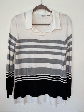 Calvin Klein Ivory & Charcoal Striped Layered Sweater size Medium woman blouse